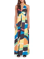 Jennifer Geometric Satin Halter Maxi Dress