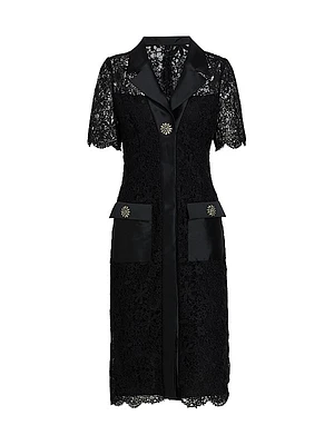 Lace Short-Sleeve Cocktail Midi-Dress