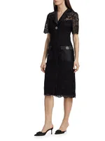 Lace Short-Sleeve Cocktail Midi-Dress