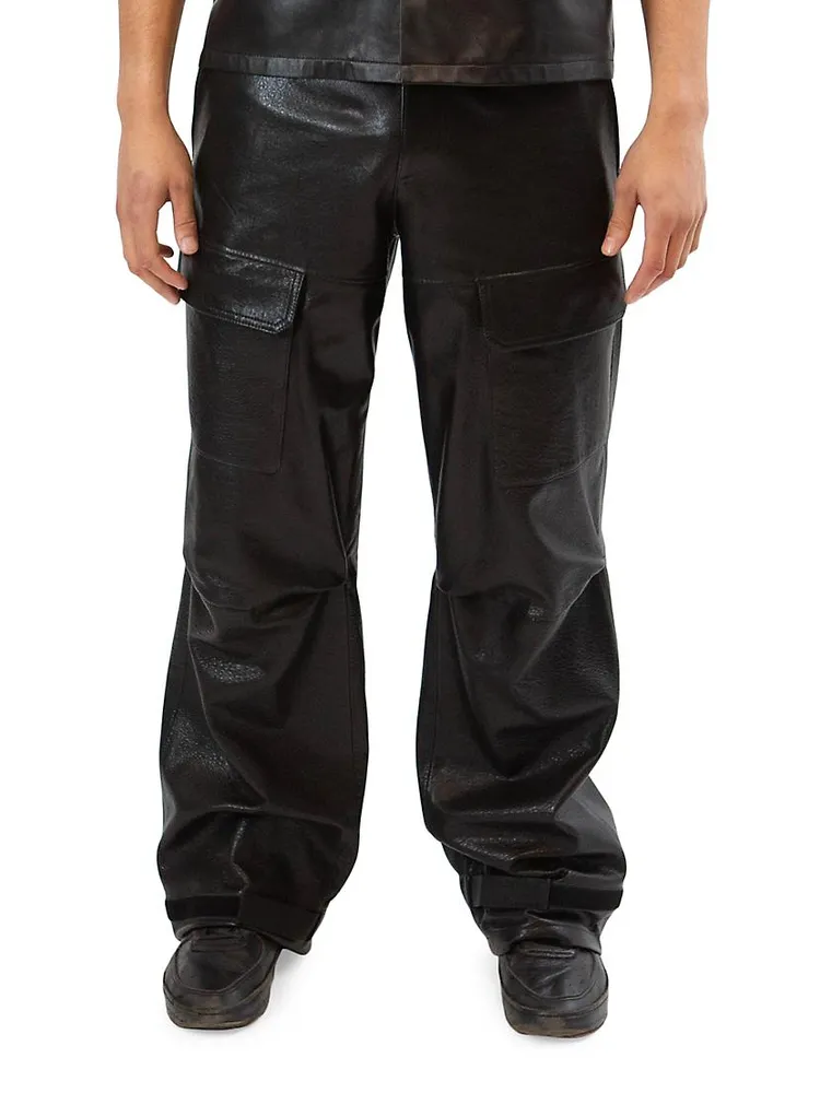 Leather Wide-Leg Cargo Pants