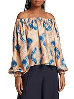 Nadya Printed Silk Off-the-Shoulder Blouse