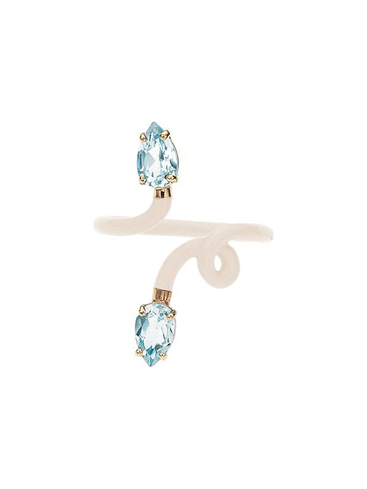 Iconic 9K Gold, Blue Topaz & Enamel Double Vine Tendril Ring