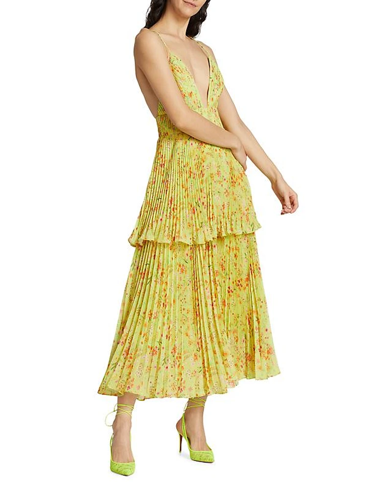 Nico Floral Pleated Tiered Midi-Dress