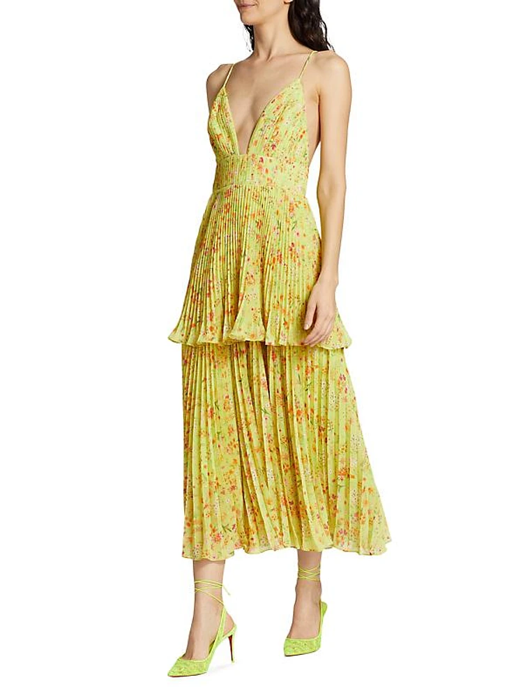 Nico Floral Pleated Tiered Midi-Dress