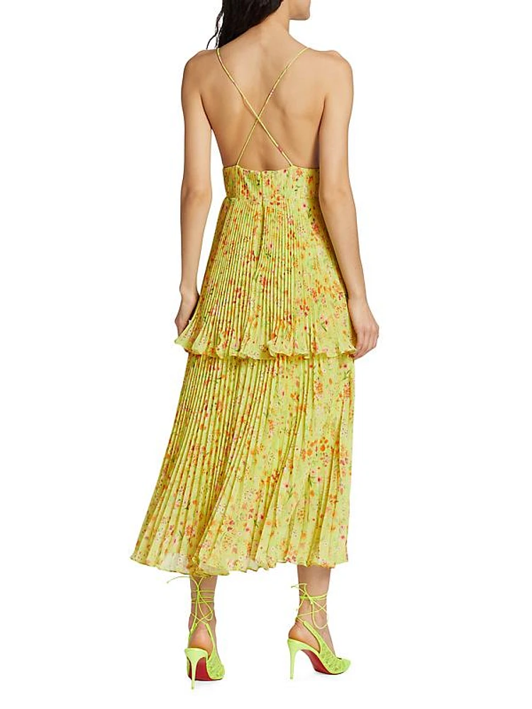 Nico Floral Pleated Tiered Midi-Dress