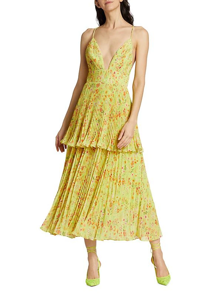 Nico Floral Pleated Tiered Midi-Dress