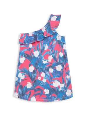 Little Girl's & Floral Ruffle One-Shoulder Dress