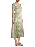 Silk Dotted Smocked Midi-Dress