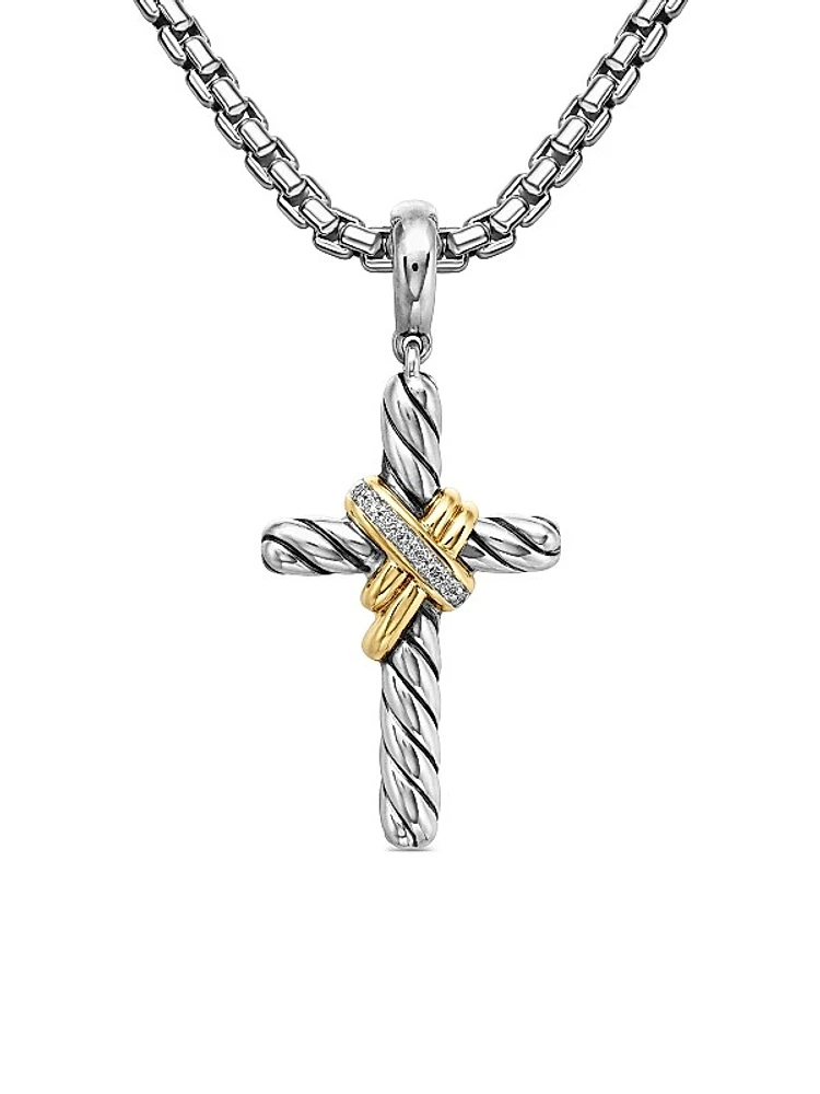 X Cross Pendant in Sterling Silver with 18K Yellow Gold and Diamonds, 32mm