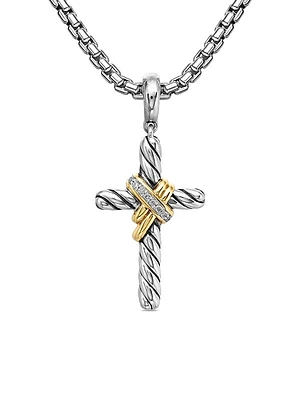 X Cross Pendant in Sterling Silver with 18K Yellow Gold and Diamonds, 32mm