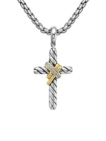 X Cross Pendant in Sterling Silver with 18K Yellow Gold and Diamonds, 32mm