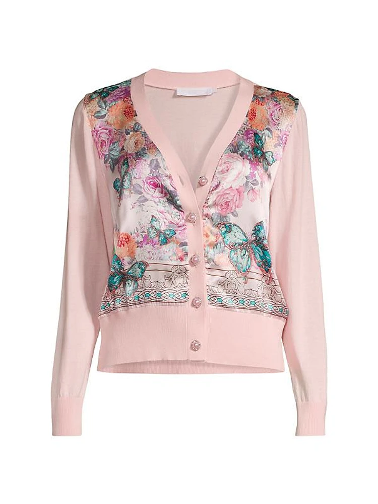 Zilia Silk-Front Floral Cardigan