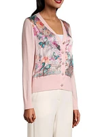 Zilia Silk-Front Floral Cardigan