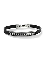 Pyramid Sterling Silver & Pave Black Diamond Black Leather ID Bracelet