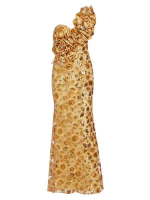 Embellished Rosette One-Shoulder Gown