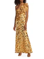 Embellished Rosette One-Shoulder Gown