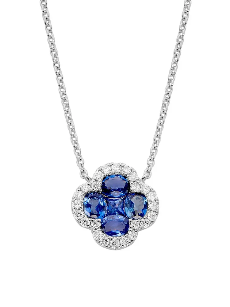 14K White Gold, Blue Sapphire & 0.16 TCW Diamond Clover Pendant Necklace