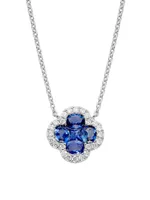 14K White Gold, Blue Sapphire & 0.16 TCW Diamond Clover Pendant Necklace