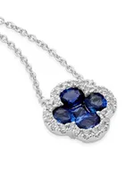 14K White Gold, Blue Sapphire & 0.16 TCW Diamond Clover Pendant Necklace