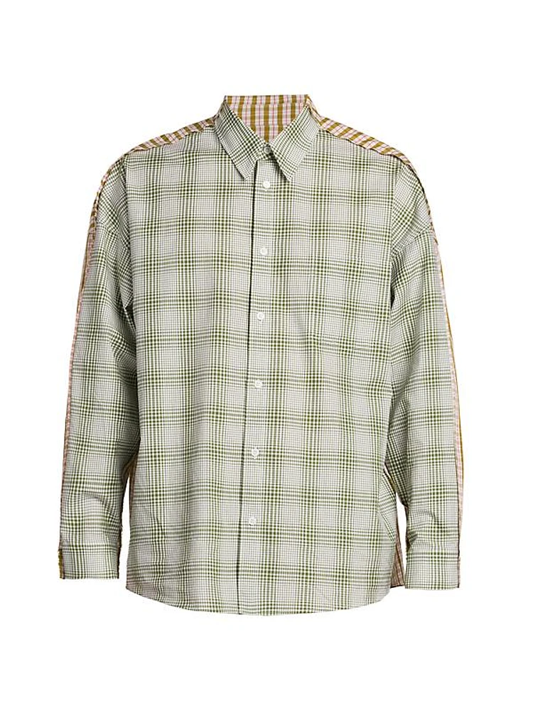 Half-and-Half Plaid Button-Front Shirt