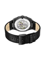 Mechanical Black Stainless Steel & Leather Skeleton Watch/43MM