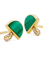 14K Yellow Gold, 0.045 TCW Diamond & Malachite Mushroom Stud Earrings