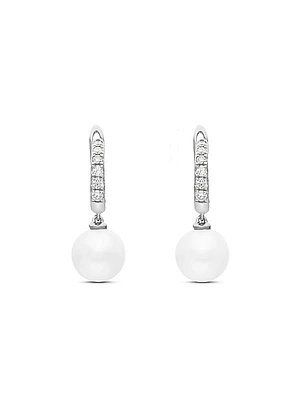 Pearl and Pavé Drop Earrings in Sterling Silver with Pearls and Diamonds, 15.6mm