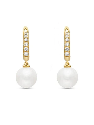 Pearl and Pavé Drop Earrings in 18K Yellow Gold with Pearls and Diamonds, 15.6mm