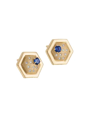 Modern Classics Favo 14K Yellow Gold, Blue Sapphire & 0.08 TCW Diamond Stud Earrings