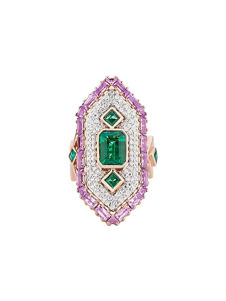 Bespoke Cleopatra 18K Rose Gold, Emerald, Pink Sapphire & 0.72 TWC Diamond Ring