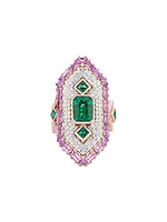 Bespoke Cleopatra 18K Rose Gold, Emerald, Pink Sapphire & 0.72 TWC Diamond Ring