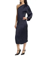 Keeley One-Shoulder Polka-Dot Midi-Dress