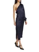 Keeley One-Shoulder Polka-Dot Midi-Dress