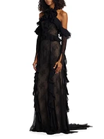 Ruffle-Embellished Lace Gown