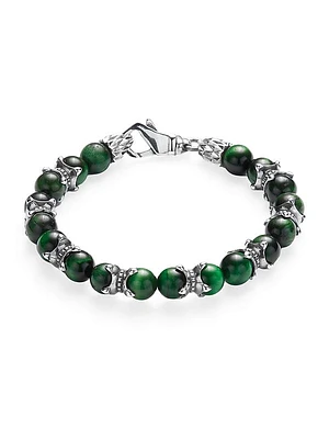 Unisex Sterling Silver & Green Tiger Eye Beaded Bracelet