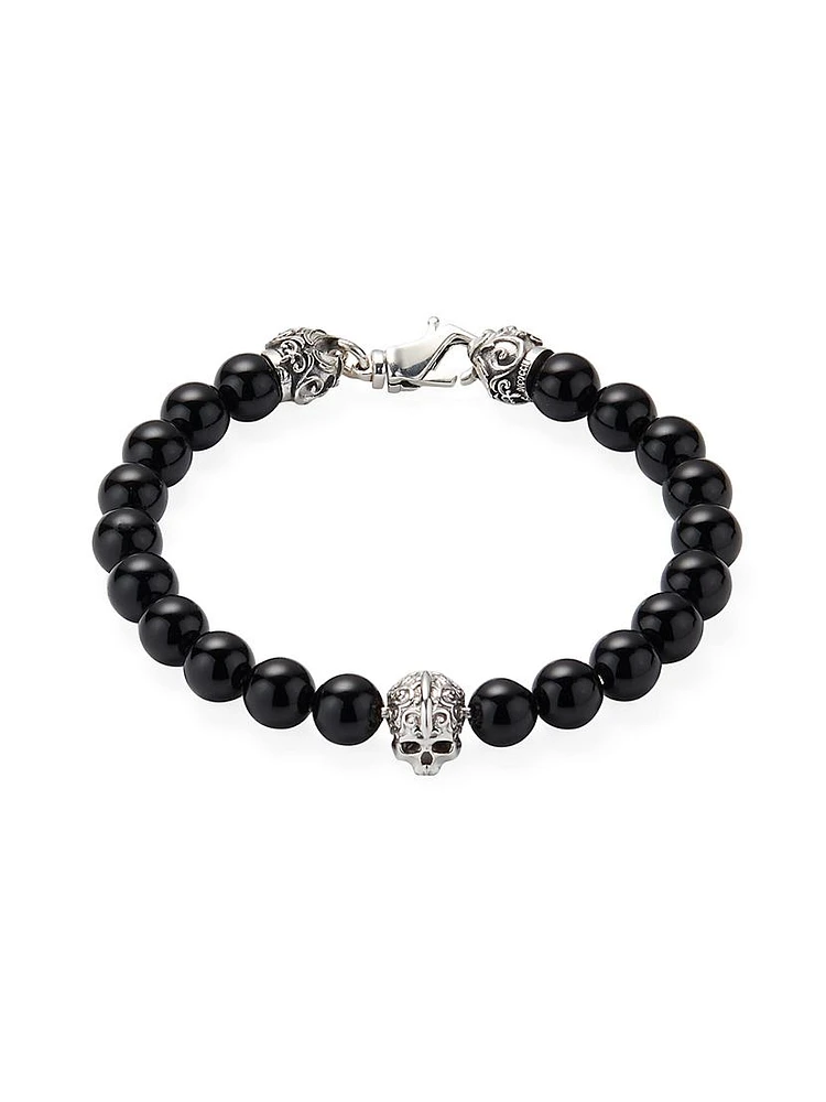 Unisex Sterling Silver & Agate Skull Beads Bracelet