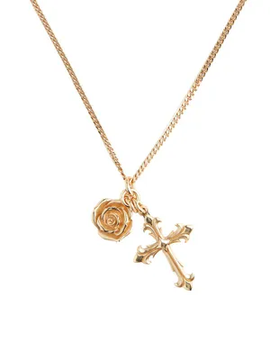 24K Gold-Plated Sterling Silver Rose & Cross Pendant Necklace
