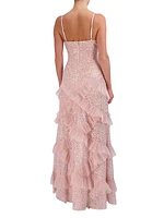 Embellished Lace Ruffle Gown