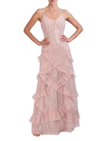 Embellished Lace Ruffle Gown