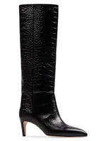 Knee-High Croc-Embossed Leather Stiletto Boots