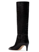 Knee-High Croc-Embossed Leather Stiletto Boots