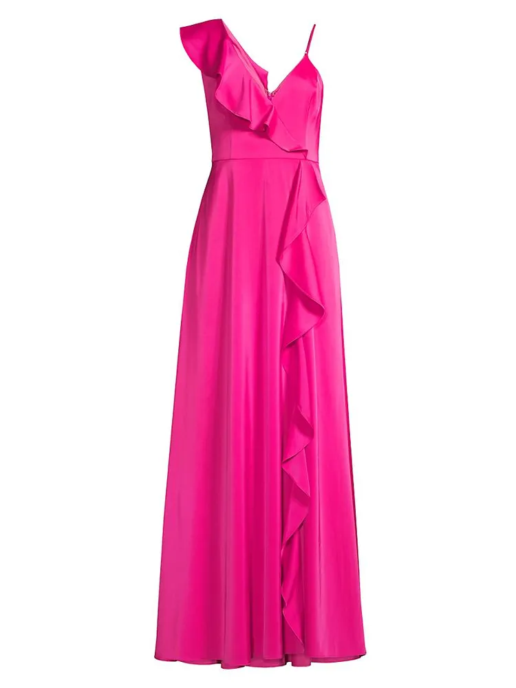 Satin Ruffle V-Neck Gown