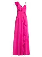 Satin Ruffle V-Neck Gown