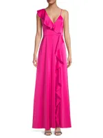 Satin Ruffle V-Neck Gown