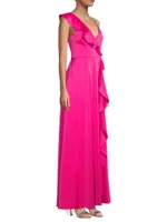 Satin Ruffle V-Neck Gown