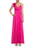 Satin Ruffle V-Neck Gown