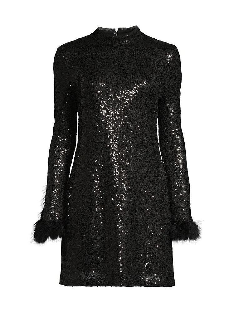 Sequined Feather-Cuff Minidress