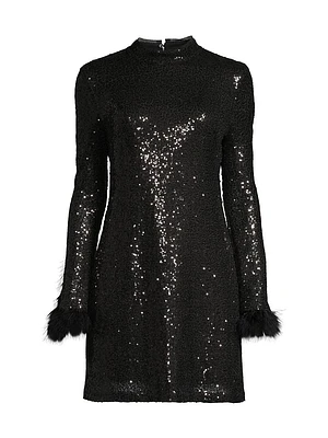 Sequined Feather-Cuff Minidress