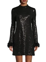 Sequined Feather-Cuff Minidress