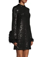 Sequined Feather-Cuff Minidress